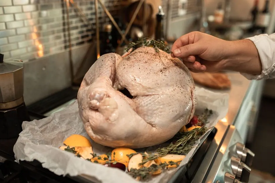 Hand preparing a whole turkey with fresh herbs and lemon slices for Thanksgiving dinner.